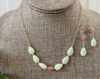 Green and Pink Necklace and Earrings, New Jade Serpentine Teardrops and Pink Czech Glass with Gold Fill Chain and Ear Wires, Cherry Blossom