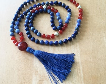 Mala Necklace / Blue and Orange Mala / Lapis Sodalite Carnelian Guru Mala / Blue Silk Tassel / Yoga / Meditation / Boho / Kyra