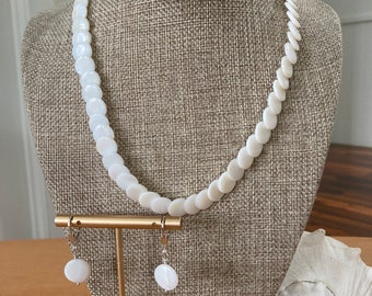 White Shell Necklace and Earrings, Mother of Pearl Shell Disks