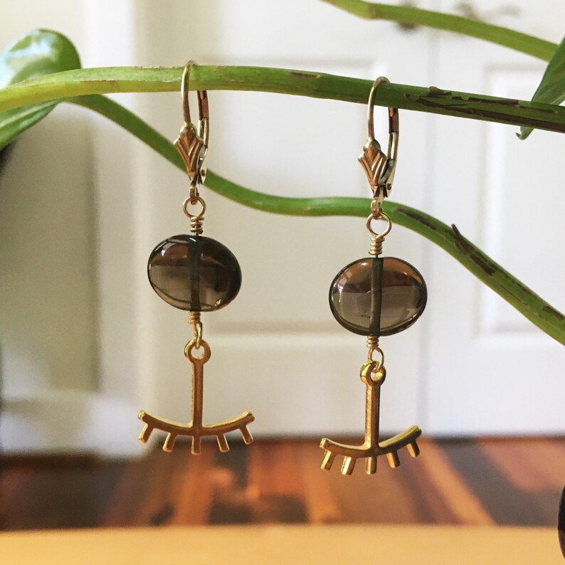 Smoky Quartz Earrings with Eyelash Charms Eye Earrings Evil Eye Eyelashes Gold and Brown Earrings Whimsical Boho Smokey Eye