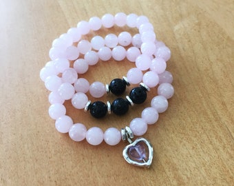 Pink and Black Stretch Bracelet / Rose Quartz and Lava Bracelet / Mala Beads / Essential Oil Diffuser / Silver Heart Charm / Pinkie