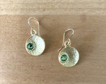 Gold Earrings, Brushed Gold Concave Disks with Green Glass Crystal, Minimalist, Wear to Work, Gold Fill Ear Wires