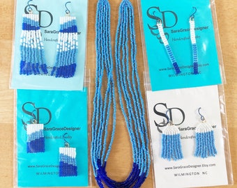 Blue and White Seed Bead Earrings and Necklace, Woven Seed Bead Earrings With or Without Fringe, Nonallergenic Niobium Ear Wires, Surf