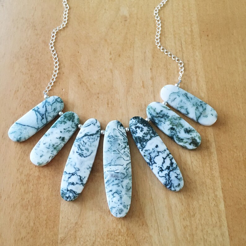 Green Necklace Green and White Moss Agate Natural Stone Sterling Silver Chain Bib Flat Oval Stones Boho Hippie Maggie
