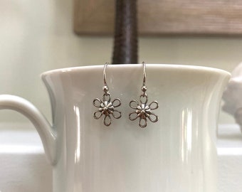 Silver Flower Earrings, Sterling Silver Flower Charms on Sterling Silver Ear Wires, Charm Earrings, Gift for Her