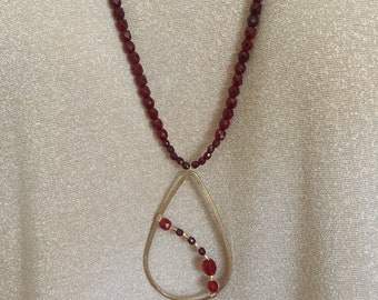 Long Red Necklace, Brass Teardrop Pendant, Ombre Red Czech Glass, Slip On, Christmas Gift, Wear To Work, Boho, Arden