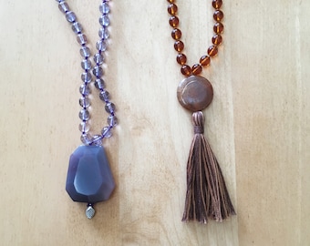 Purple Mala, Golden Brown Mala, Czech Glass Mala Necklace, Purple Agate, Fire Agate, Yoga, Meditation, Boho, Autistic Artist, Amy Julia