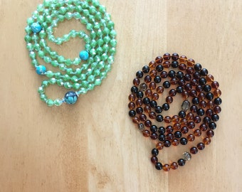 Mala with Green Faceted Czech Glass, Topaz Brown Smooth Czech Glass and Smoky Quartz, Yoga, Meditation, Autistic Artist, Willow and Autumm