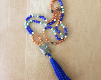 Mala / Blue and Orange Mala / Blue and Green Aventurine and Orange Quartzite/ Blue Silk Tassel / Yoga / Meditation / Boho / Hippie / Souk