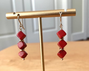 Coral Block Earrings, Red and Gold, Gold Fill Accents and Ear Wires, Tropical, Beach, Resort