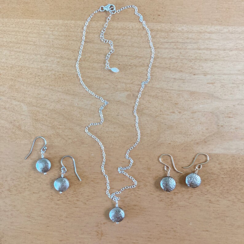 Silvered Czech Glass Faux Pearl Necklace and Earrings, Sterling Silver or Gold Fill, Minimalist, Morse image 9