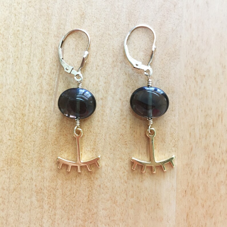 Smoky Quartz Earrings with Eyelash Charms Eye Earrings Evil Eye Eyelashes Gold and Brown Earrings Whimsical Boho Smokey Eye