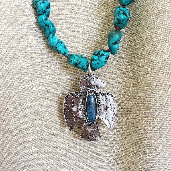 Eagle Turquoise Necklace / Long Turquoise Magnesite Nugget Necklaces / Turquoise and Red or Bronze / Layering Necklaces / Boho / Aki