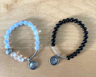 Mom and Moon Charm Stretch Bracelets, Blue Czech Glass, Black Onyx, Mothers Day, Lunar