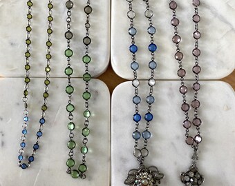 Blue, Green, and Purple Rosary Style Crystal Necklaces, Pendant, Layering, Wrap Bracelet, Lina2