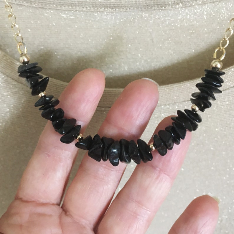 Onyx Chip Necklace with Gold Fill Curb Chain Black and Gold Necklace Black Onyx Necklace On Gold Chain OOAK Lara Wear to Work