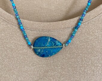 Blue Variscite Jasper Teardrop Beaded Necklace, Blue Green Aqua, Beachy Boho Style, Adjustable, Reversable, Unisex, Venture