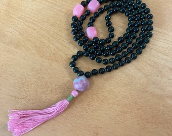 Dark Green Gold Stone Mala Necklace with Pink Jade and Jasper, Pink Cotton Tassel, Autistic Artist, Yoga, Meditation, Scarborough