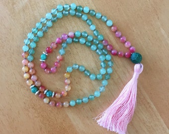 Mala Necklace / Green Aventurine and Pink Jade Necklace / Green and Pink Mala / Pink Tassel / Yoga / Meditation / Boho / Hippie / Priya