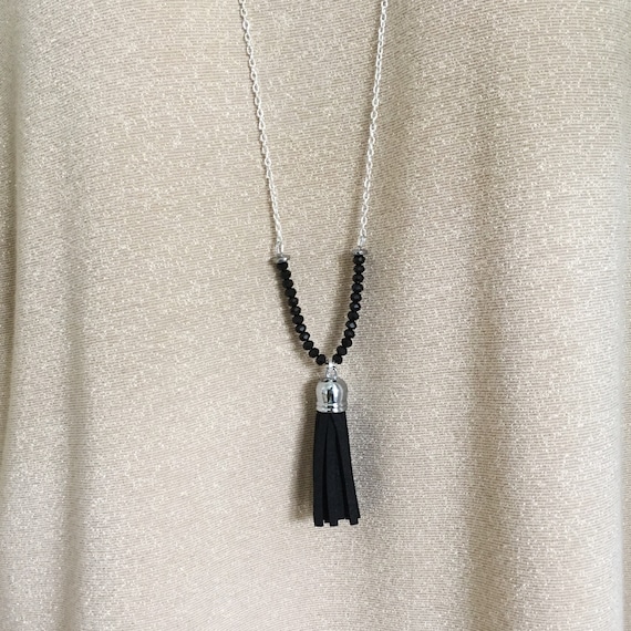 Black Faux Leather Tassel / Long Black and Silver Necklace / | Etsy