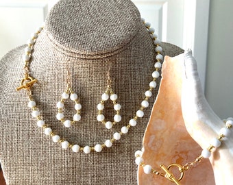 White and Gold Necklace Earrings Bracelet, Reclaimed Vintage White Glass Beads, Nautical, Bianca