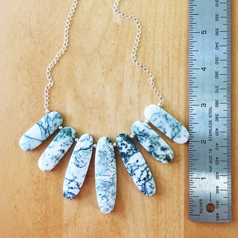 Green Necklace Green and White Moss Agate Natural Stone Sterling Silver Chain Bib Flat Oval Stones Boho Hippie Maggie