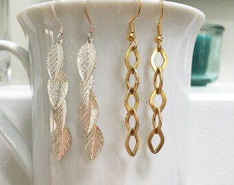 Silver Leaves Earrings, Gold Chain Earrings, Fun Dangly Earrings, Gift Idea, Handmade, OOAK, Goes with Everything, Sustainable Fashion, Lang