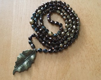 Brown and Gold Mala with Leaf Guru, Metallic Czech Glass, Antiqued Brass Finish Pewter Leaf, Yoga, Meditation, Boho, Autistic Artist, Bronze