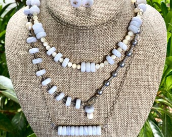 Blue Lace Agate Necklace and Earrings, Choker, Lariat, Bar, Blue and White, Rain