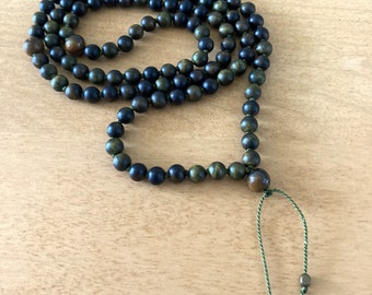 Wood and Tiger Eye Mala for Men or Women, Brown and Green, Hand knotted on Silk Cord, Autistic Artist, Arjun