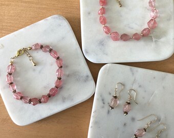 Pink and Gold Bracelets, Earrings, Strawberry Quartz Nuggets, Gold Plated Hematite Rounds, Antiqued Brass Rings, Adjustable, Joy