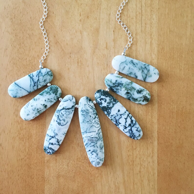 Green Necklace Green and White Moss Agate Natural Stone Sterling Silver Chain Bib Flat Oval Stones Boho Hippie Maggie