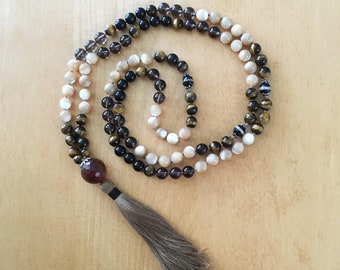 Mala Necklace / Neutral Mala / Tiger Eye and Onyx Mala / Smokey Quartz Mala / Brown Silk Tassel / Yoga / Meditation / Boho / Hippie / Tiger