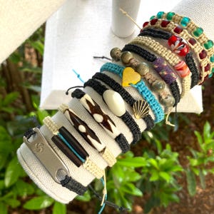 Beaded Macrame Bracelet, Black or Tan Waxed Cotton, Glass, Clay, Wood, Shell, Bone, Adjustable