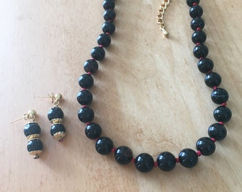 Black Agate Necklace Earrings, Black and Red, Black and Gold, Black Red Gold, Hand Knotted Necklace, OOAK, Adjustable