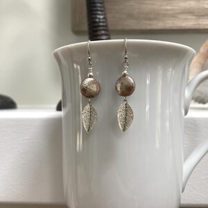 Silvered Czech Glass Faux Pearl Necklace and Earrings, Sterling Silver or Gold Fill, Minimalist, Morse Leaf Earrings