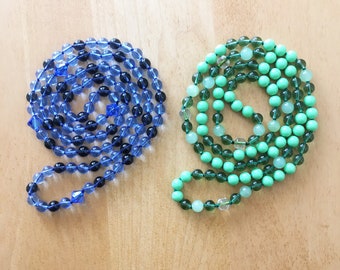 Mala with Blue Czech Glass with Swarovski Crystal, Green Czech Glass, Yoga, Meditation, Boho Fashion, Autistic Artist, Ocean Hued, Caribbean