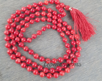108 Bead Red Coral Mala, Knotted Tassel Necklace, Yoga Meditation Beads