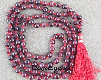 Äkta granat ädelsten Mala spirituellt halsband 6 mm, handknutna 108 Mala pärlor, 108 Mala pärlor, Mala tofshalsband, Japa Mala, meditation