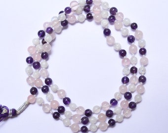 Rose Quartz Amethsyt Gemstone Mala Spiritual Necklace, Hand Knotted 108 Mala Beads, 108 Beads, Tassel Necklace, Japa Mala, Meditation Mala