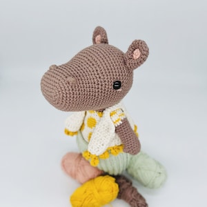 May include: A handmade crochet hippo doll in shades of brown, cream, yellow, and green. The hippo wears a cream-colored shirt with yellow polka dots and green pants. Yarn in various colors is scattered around the doll.