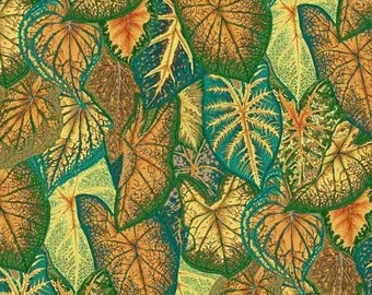 Tissu CALADIUMS vert gold, feuilles, plantes - Kaffe Fassett - Vendu par 50 cm