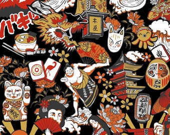 Tissu DARUMA noir motifs japonais geisha chat maneki neko sumo dragon carpe koï soleil levant vague de kanagawa pivoine, vendu par 50 cm