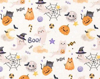 Tissu Halloween Fantômes CASPER gris clair, citrouilles, chats noirs, chauve-souris, toiles araignées,  coton Oeko-tex - vendu par 50 cm