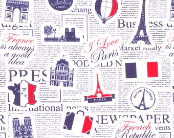 Tissu Paris journal newspaper, tour eiffel, carte de france, notre dame de paris, arc de triomphe, tissu oeko tex , vendu par 50 cm