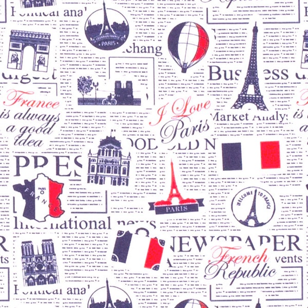 Tissu Paris journal newspaper, tour eiffel, carte de france, notre dame de paris, arc de triomphe, tissu oeko tex , vendu par 50 cm