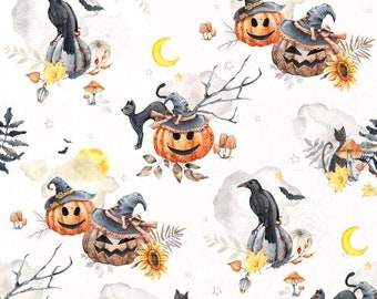 Tissu Halloween FLITWICK blanc, citrouilles, chats noirs, corbeaux, chauve-souris,  coton Oeko-tex - vendu par 50 cm