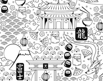 Tissu à colorier motifs japonais DOMOSAN noir et blanc, chat maneki neko, lucky cat, dragon, daruma, cerf volant koinobori - vendu par 50 cm