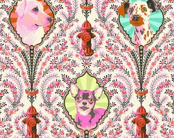 Tissu Besties Chiens PUPPY DOGS EYES rose blossom et métallique or- Tula Pink pour Free Spirit vendu par 50 cm