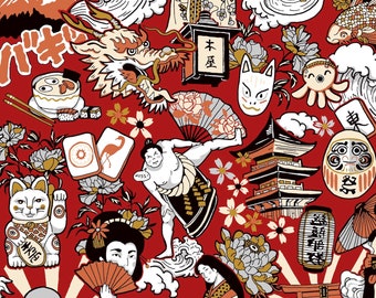 Tissu DARUMA rouge motifs japonais geisha chat maneki neko sumo dragon carpe koï soleil levant vague de kanagawa pivoine, vendu par 50 cm